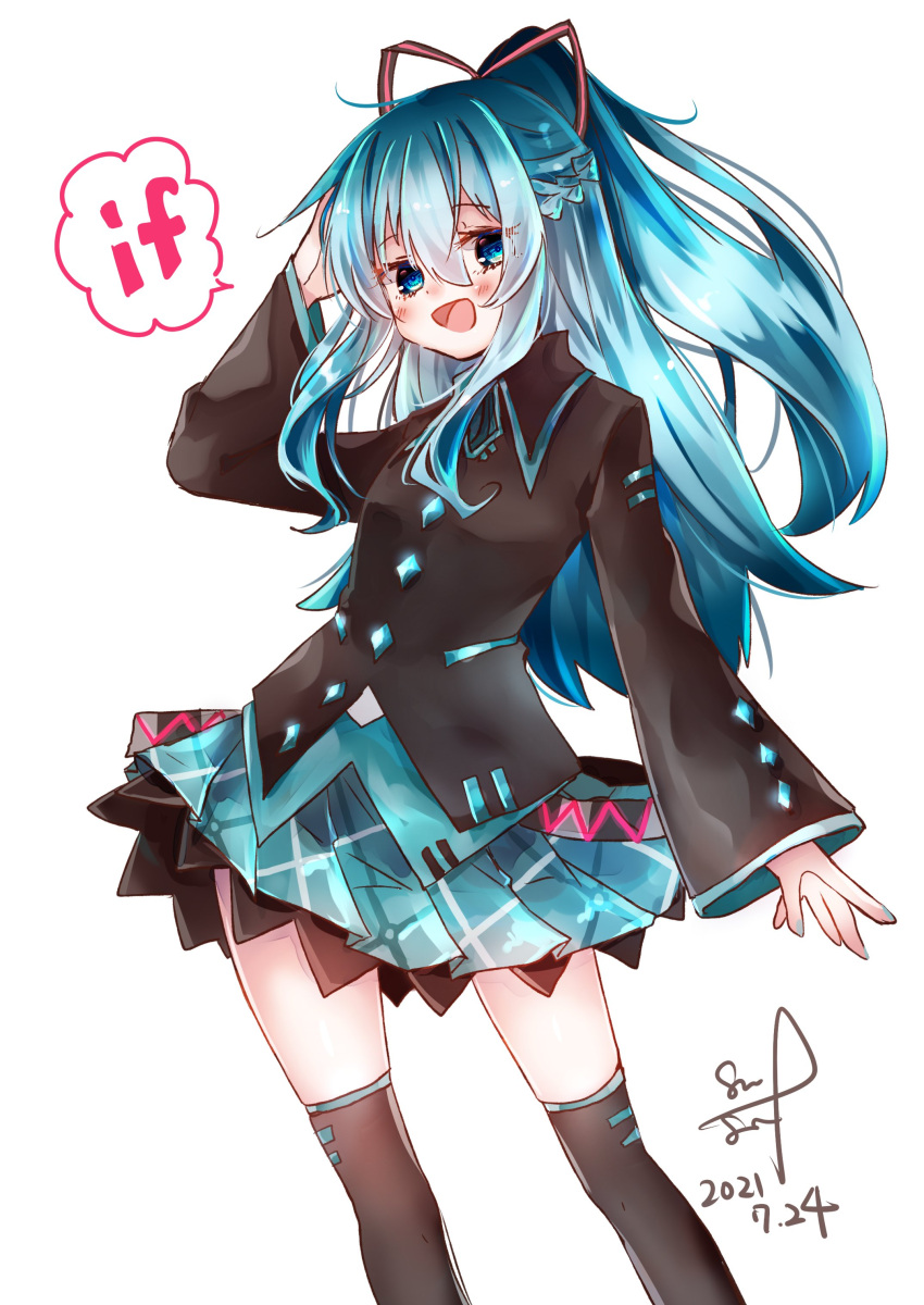 1girl absurdres aqua_eyes aqua_hair aqua_skirt black_legwear black_shirt blush braid commentary contrapposto cowboy_shot dated french_braid hair_ribbon hand_on_head hand_up hatsune_miku hatsune_miku_(if) highres long_hair looking_at_viewer miniskirt open_mouth plaid plaid_skirt pleated_skirt ponytail ribbon shimashiro_itsuki shirt signature skindentation skirt smile solo speech_bubble standing thigh-highs vocaloid white_background