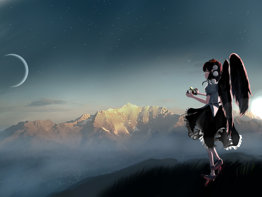 1girl absurdres artist_name black_hair black_skirt black_wings brown_eyes camera commentary crescent_moon feathered_wings frilled_skirt frills from_side full_body geta grass hat highres holding holding_camera lens_flare looking_at_viewer moon mountainous_horizon photo_background pointy_ears pom_pom_(clothes) puffy_short_sleeves puffy_sleeves red_headwear scenery shameimaru_aya shirt short_hair short_sleeves sideways_glance skirt sky solo standing star_(sky) starry_sky tengu-geta tokin_hat touhou white_shirt wings xlf