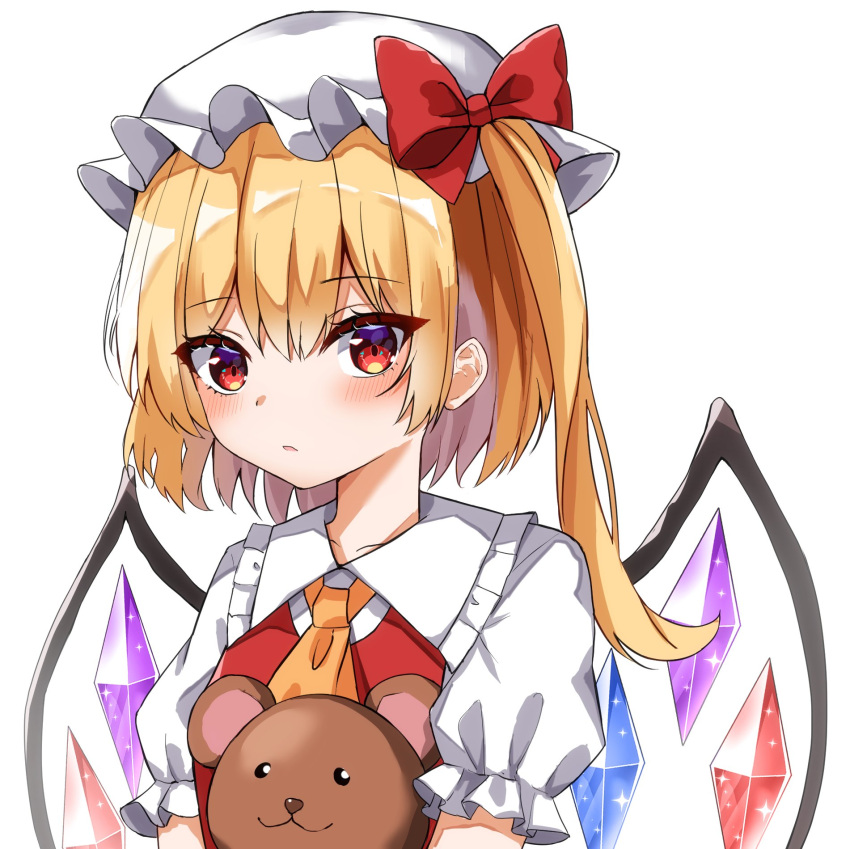 1girl ascot blonde_hair blush bow crystal flandre_scarlet frilled_shirt frilled_shirt_collar frilled_skirt frilled_sleeves frills hat hat_ribbon highres kiui_(dagk8254) lying mob_cap one_side_up red_bow red_eyes red_ribbon ribbon shirt short_hair side_ponytail skirt solo touhou white_shirt wings yellow_ascot