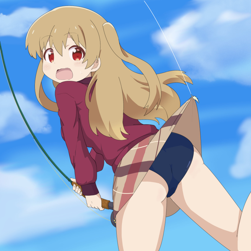 1girl absurdres accidental_exposure ass blonde_hair clothes_lift day eyebrows_visible_through_hair fishing_rod gobanme_no_mayoi_neko highres long_hair minagi_koharu orange_eyes outdoors skirt skirt_lift sky slow_loop solo swimsuit swimsuit_under_clothes two_side_up