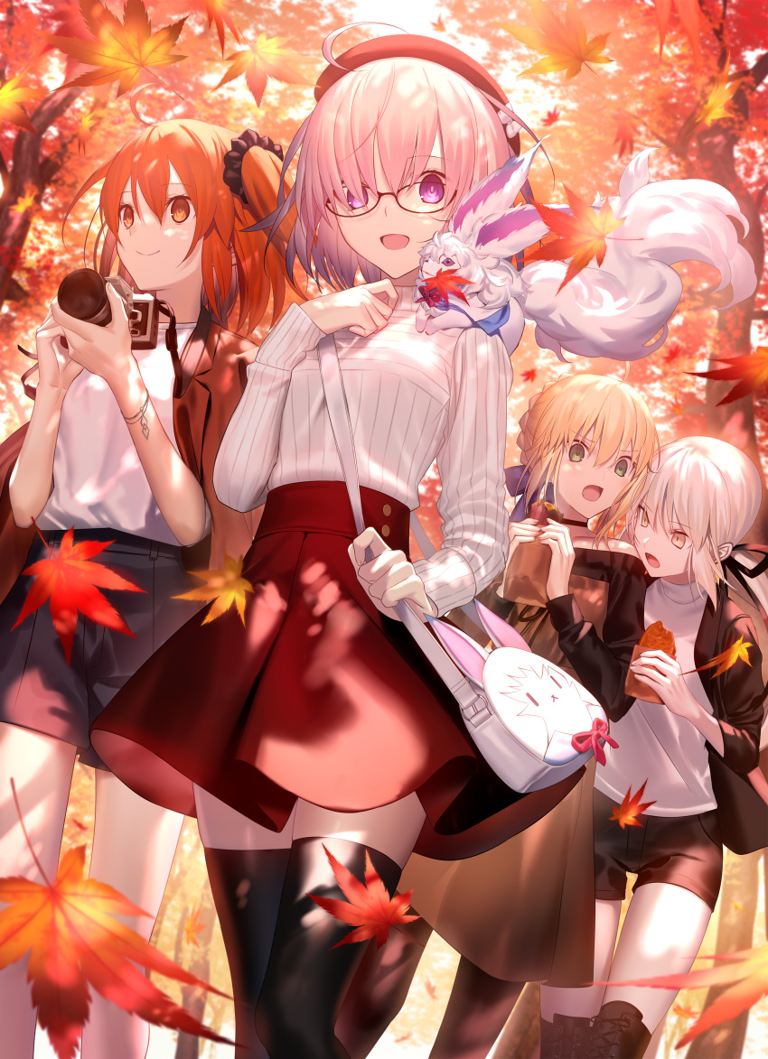 4girls absurdres ahoge alternate_costume artoria_pendragon_(fate) autumn_leaves bangs beret blonde_hair braid breasts camera closed_mouth fate/grand_order fate/stay_night fate_(series) food fou_(fate) french_braid fujimaru_ritsuka_(female) glasses green_eyes hair_ornament hair_over_one_eye hair_scrunchie hat highres large_breasts light_purple_hair looking_at_viewer mash_kyrielight mashima_saki_(mashimasa) medium_breasts multiple_girls official_alternate_costume one_side_up open_mouth orange_eyes orange_hair revision saber saber_alter saber_alter_(ver._shinjuku_1999)_(fate) scrunchie short_hair smile tree violet_eyes yellow_eyes