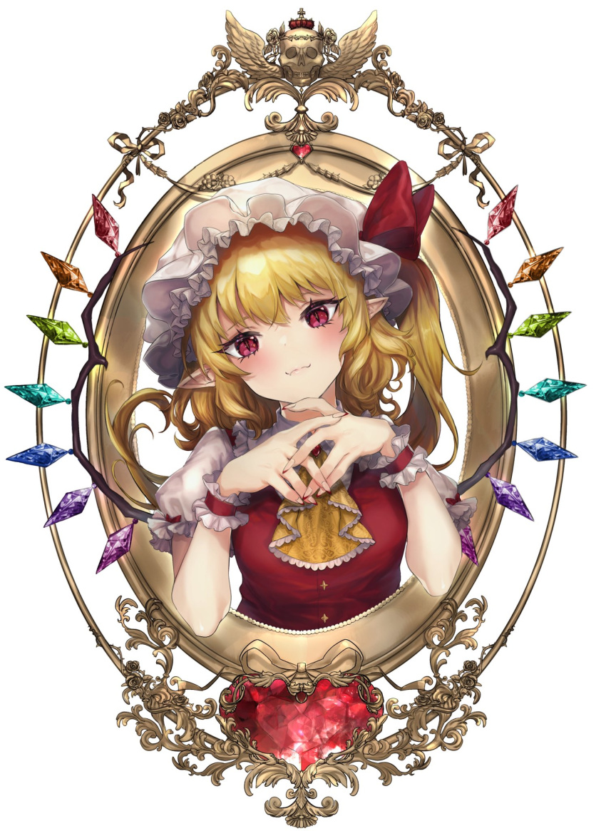 1girl :3 blonde_hair blush closed_mouth collared_shirt crystal eyebrows_visible_through_hair fang fingernails flandre_scarlet framed frilled_shirt_collar frills hands_up hat hat_ribbon highres kyogoku-uru long_hair looking_at_viewer mob_cap one_side_up own_hands_together pointy_ears puffy_short_sleeves puffy_sleeves red_eyes red_ribbon red_vest ribbon shirt short_sleeves simple_background skin_fang slit_pupils solo symbol-only_commentary touhou upper_body vest white_background white_headwear white_shirt wings wrist_cuffs