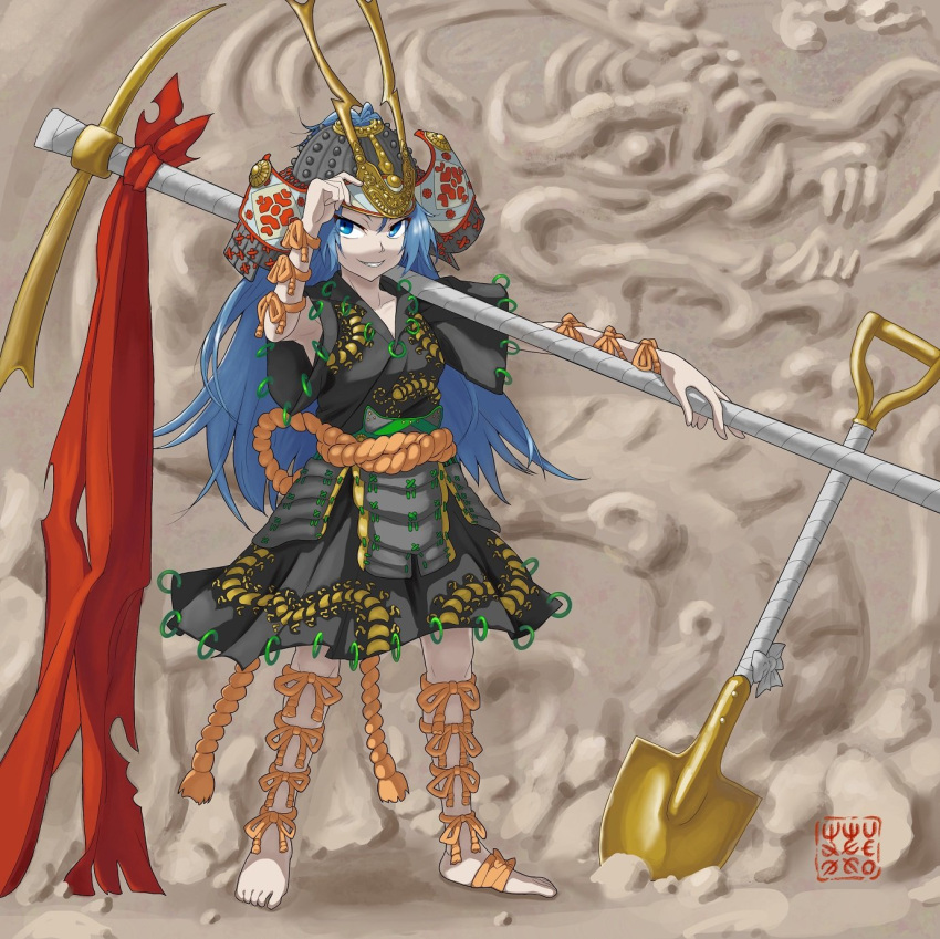 1girl adapted_costume arm_ribbon arm_strap armor barefoot barefoot_sandals blue_eyes blue_hair bow breasts cave centipede_print commentary_request green_shirt green_skirt grin helmet highres himemushi_momoyo holding holding_pickaxe japanese_armor jewelry kabuto_(helmet) leg_ribbon leg_strap long_hair looking_at_viewer medium_breasts messy_hair orange_bow orange_ribbon orange_sash oversized_object pickaxe red_ribbon ribbon ring rope shirt short_sleeves shovel skirt skirt_set smile standing toes touhou very_long_hair wide_sleeves