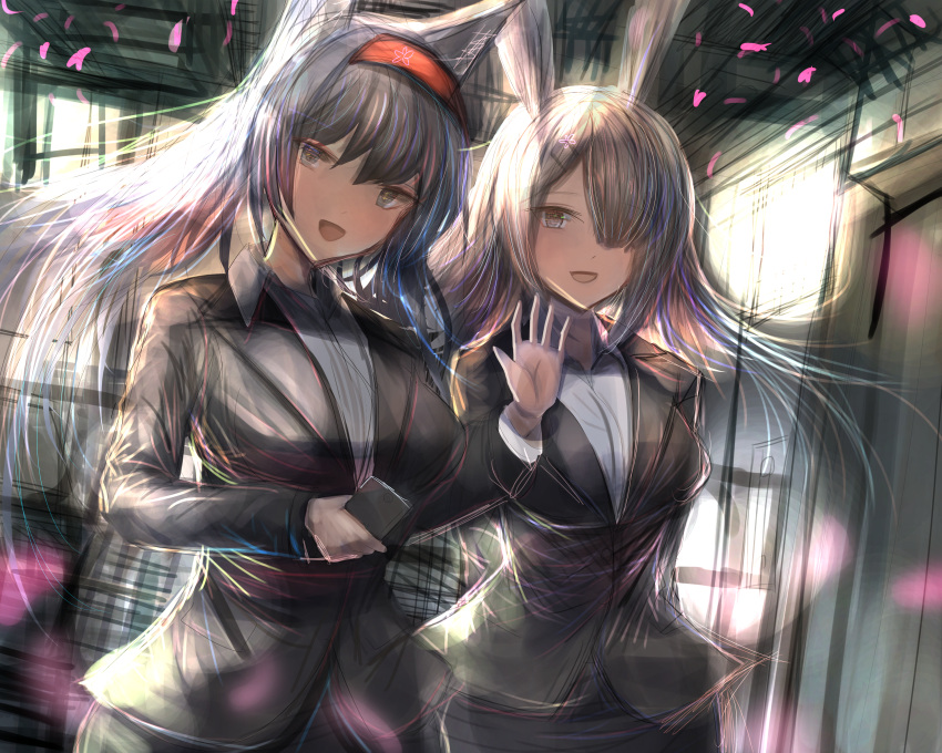 2girls absurdres alternate_costume animal_ears arknights arm_up arms_behind_back bangs black_hair blaze_(arknights) blue_eyes blush breasts cat_ears english_commentary frostnova_(arknights) grey_eyes hair_ornament hair_over_one_eye hairband hairclip highres holding indoors large_breasts long_hair looking_at_viewer mame_(mame3737) multiple_girls open_mouth rabbit_ears red_hairband shirt smile