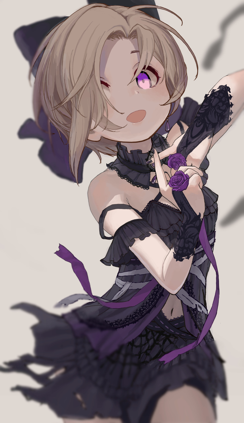 1girl absurdres bangs black_dress blonde_hair bridal_gauntlets collar detached_collar dress ear_piercing hair_over_one_eye highres idolmaster idolmaster_cinderella_girls kiichirou long_bangs nail_polish navel open_mouth piercing shirasaka_koume solo violet_eyes