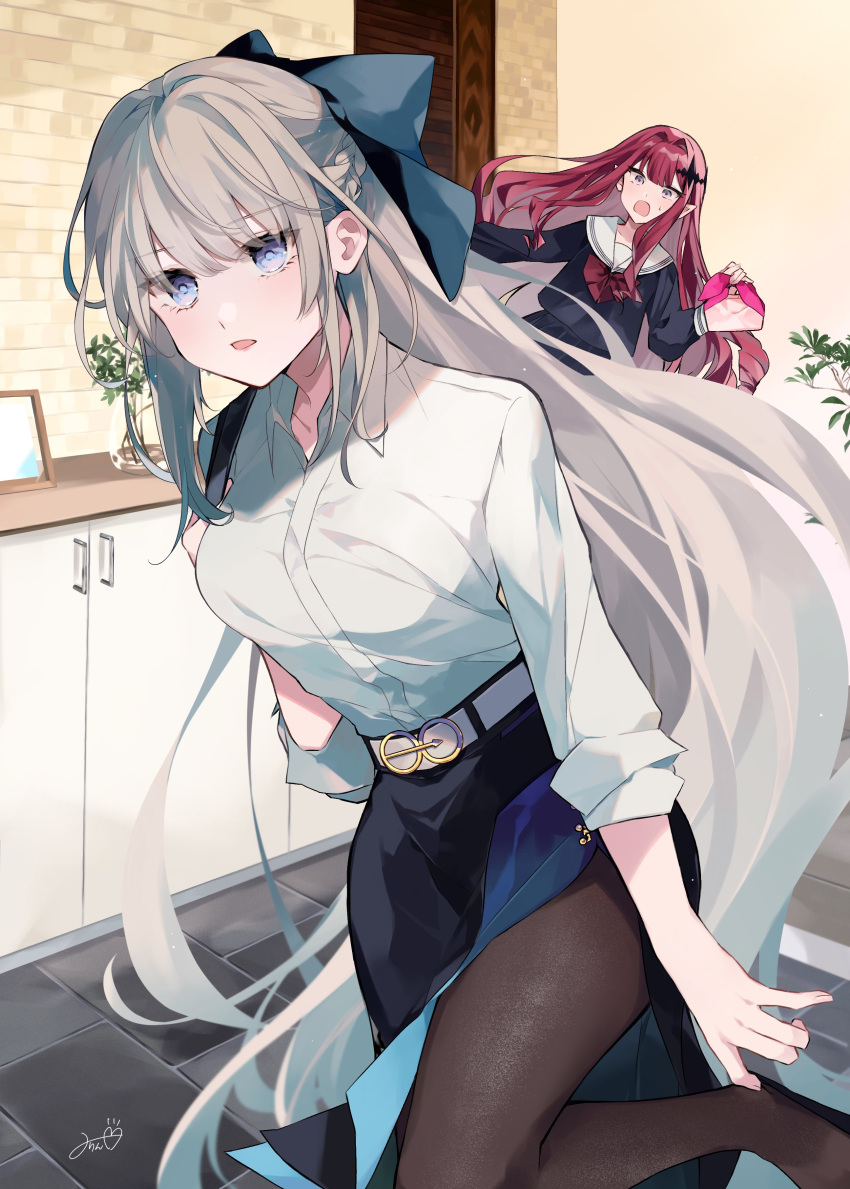 2girls absurdres alternate_costume belt black_bow black_skirt blue_eyes bow bowtie braid brown_legwear commentary_request contemporary eyebrows_visible_through_hair fairy_knight_tristan_(fate) fate/grand_order fate_(series) french_braid grey_eyes hair_bow hair_intakes hair_ornament highres holding indoors long_hair long_sleeves misaki346 morgan_le_fay_(fate) mother_and_daughter multiple_girls office_lady open_mouth pantyhose plant red_bow redhead sailor_collar school_uniform serafuku shirt signature silver_hair skirt sleeves_rolled_up sweatdrop uniform very_long_hair white_belt white_sailor_collar white_shirt