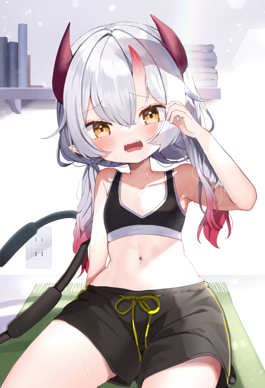 1girl bare_arms bare_shoulders black_shorts demon_girl demon_horns fangs flat_chest gradient_hair highres horns looking_at_viewer multicolored_hair navel noi_mine original red_horns redhead shorts silver_hair sitting solo sports_bra sportswear stomach yellow_eyes