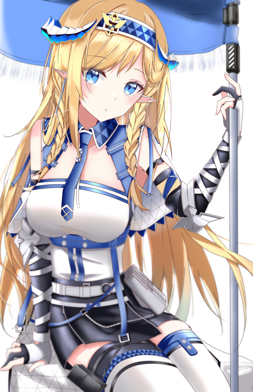 1girl absurdres akar1 arknights arm_support bangs bare_shoulders black_skirt blonde_hair blue_eyes blue_hairband blue_necktie blush breasts commentary elbow_gloves eyebrows_visible_through_hair flag gloves hairband head_tilt highres holding holding_flag horns large_breasts long_hair looking_at_viewer necktie pointy_ears saileach_(arknights) simple_background sitting skirt solo thigh-highs very_long_hair white_background white_legwear