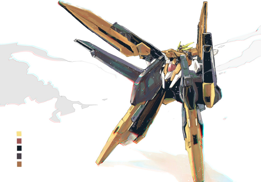 commentary dual_wielding energy_cannon energy_gun energy_weapon extra_eyes gun gundam gundam_00 gundam_00_a_wakening_of_the_trailblazer gundam_harute highres holding holding_gun holding_weapon kare_(0621utak) mecha mobile_suit no_humans red_eyes science_fiction simple_background solo v-fin weapon white_background