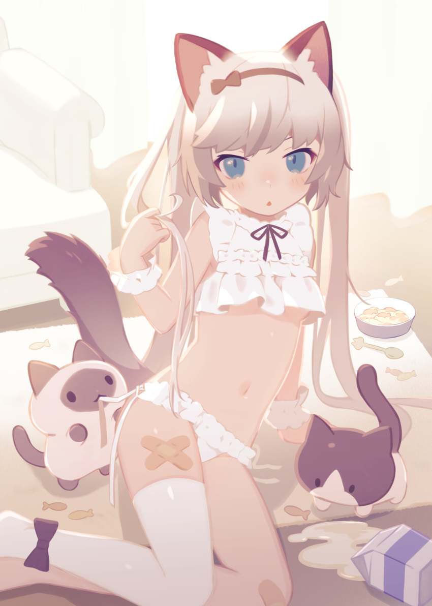 1girl absurdres animal_ears ankle_bow arm_support backlighting bandaid bandaid_on_knee bandaid_on_leg black_ribbon blue_eyes blush bow bowl breasts cat cat_ears cat_girl cat_tail couch crop_top frilled_cuffs frilled_panties frills grey_hair hairband highres komu24 lingerie long_hair looking_at_viewer milk milk_carton navel neck_ribbon on_floor original panties ribbon side-tie_panties single_thighhigh sitting small_breasts spilled_milk tail thigh-highs triangle_mouth twintails under_boob underwear untying very_long_hair white_panties wrist_cuffs