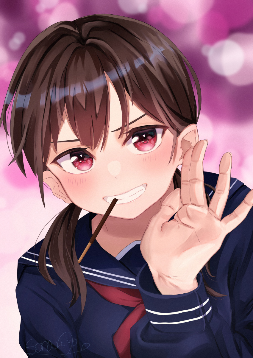 1girl absurdres artist_name bangs blue_serafuku blush brown_hair hand_up highres long_hair long_sleeves looking_at_viewer low_twintails original pink_background pocky_in_mouth red_eyes school_uniform serafuku short_twintails sorano_0617 teeth_hold twintails valentine