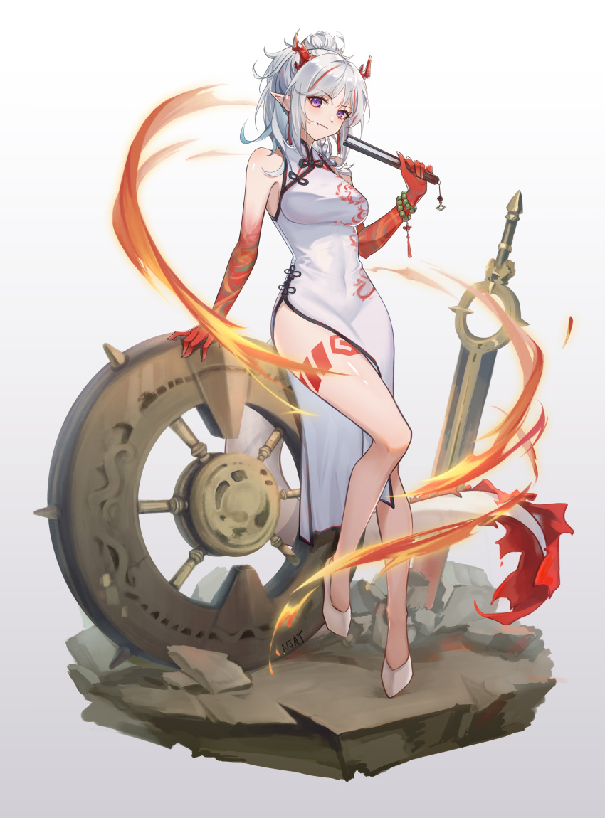1girl absurdres arknights artist_name bangs bare_legs bare_shoulders bead_bracelet beads bracelet breasts china_dress chinese_clothes closed_fan closed_mouth colored_skin covered_navel dragon_girl dragon_horns dragon_tail dress eyebrows_visible_through_hair faux_figurine fiery_tail folding_fan gradient_skin hand_fan highres holding holding_fan horns impossible_clothes impossible_dress jewelry leg_tattoo leg_up looking_at_viewer medium_breasts multicolored_hair nan_jiu_(4517121392) nian_(arknights) nian_(unfettered_freedom)_(arknights) pelvic_curtain planted planted_sword red_skin redhead shield short_hair silver_hair simple_background sleeveless sleeveless_dress smile solo standing standing_on_one_leg streaked_hair sword tail tattoo two-tone_hair violet_eyes weapon white_background white_dress white_footwear