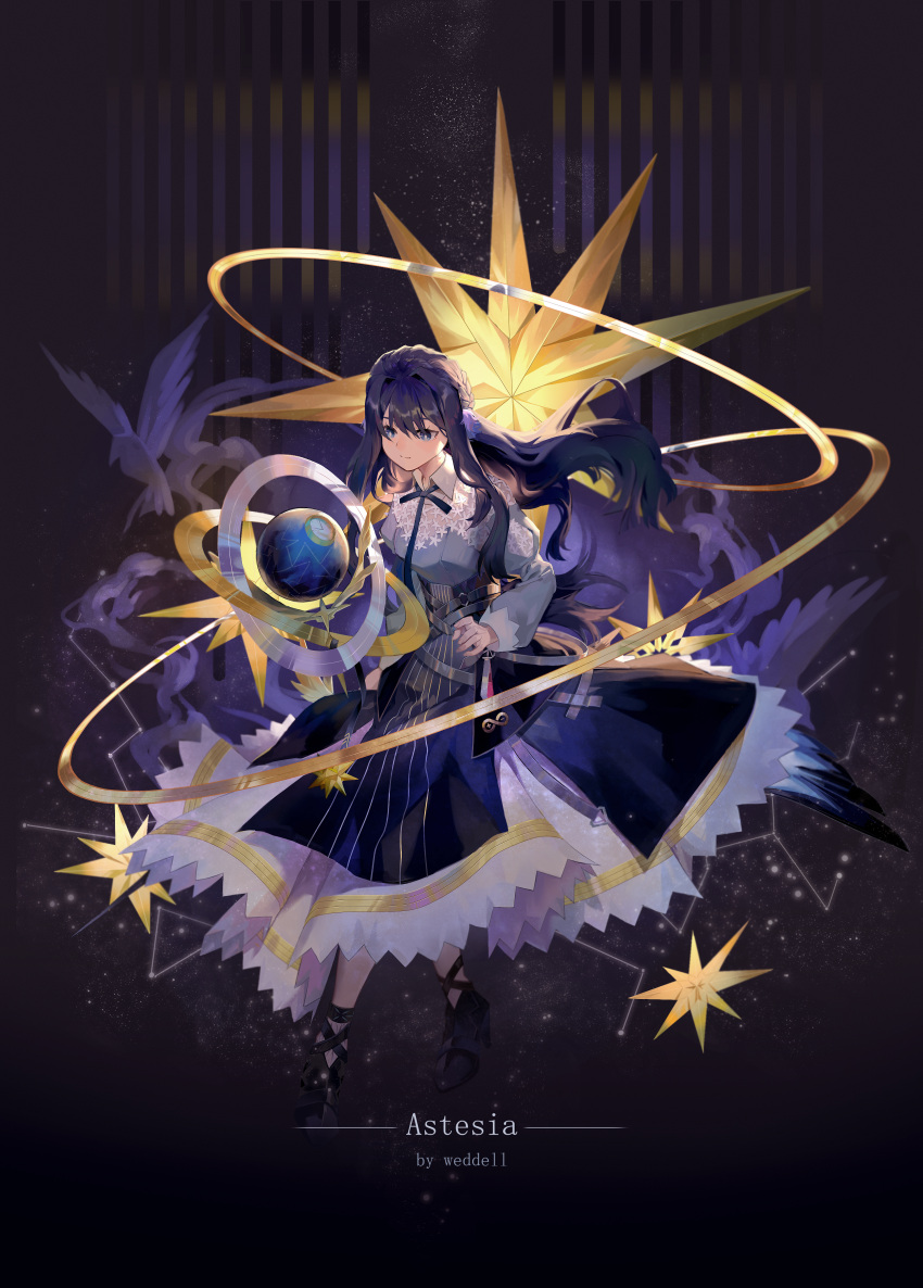 1girl absurdres animal_ears arknights astesia_(arknights) bird bird_ears bird_tail blue_eyes blue_hair blue_ribbon bright_pupils celestial_sphere clock constellation flying_animal full_body gold_trim high_heels highres layered_skirt long_hair neck_ribbon rhine_lab_logo ribbon skirt sky smile solo star_(sky) star_(symbol) starry_sky tail weddell white_pupils white_skirt