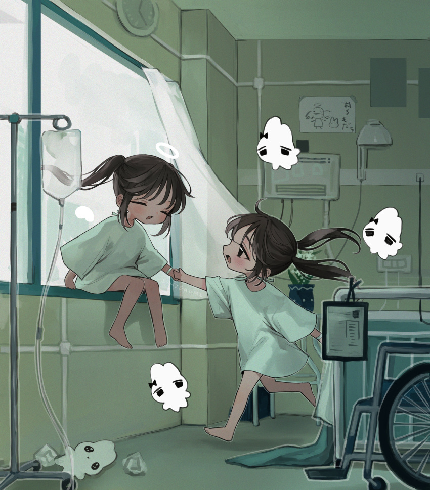 2girls absurdres angel angel_wings bangs bare_legs barefoot bed black_eyes blush brown_hair child clock closed_eyes curtains day detached_wings drawing floating_hair flower halo highres holding_hands hospital hospital_bed hospital_gown indoors intravenous_drip ishita_umi iv_stand looking_at_another medium_hair mini_wings multiple_girls no_pants open_mouth original oversized_clothes oversized_shirt rabbit shirt short_sleeves sidelocks sitting smile t-shirt twintails vase wheelchair white_flower white_shirt window wings