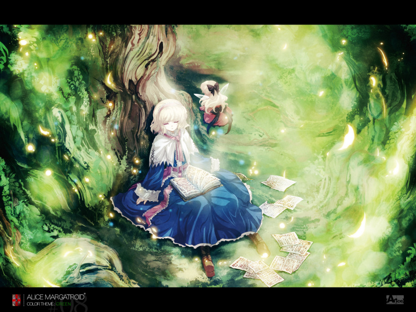 alice_margatroid blonde_hair character_name closed_eyes doll highres solo tokiame touhou tree wallpaper