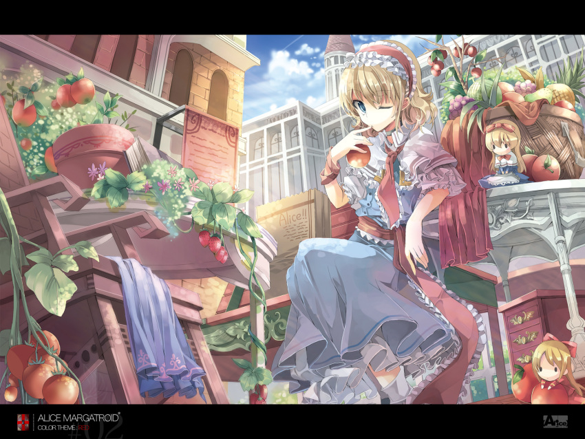 alice_margatroid apple blonde_hair blue_eyes building capelet chair doll food fruit fruit_punch grapes hairband highres hourai_doll pineapple plant potted_plant shanghai_doll short_hair strawberry tomato touhou vines wallpaper wink