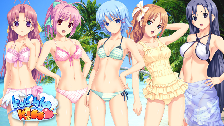 :d ahoge antenna_hair aoi_matsuri beach bikini bikini_skirt blue_eyes blue_hair bow breasts casual_one-piece_swimsuit cleavage floral_print flower frilled_bikini frills front-tie_top gathers green_eyes hair_bow hair_ribbon halter_top halterneck hand_on_hip highres himuro_rikka hinata_hanabi koutaro light_smile long_hair minazuki_izumi multiple_girls navel one-piece_swimsuit open_mouth orange_hair palm_tree pink_bikini pink_hair polka_dot polka_dot_bikini polka_dot_swimsuit ponytail purple_hair red_eyes ribbon saotome_nagi sarong see-through short_hair side-tie_bikini smile striped striped_bikini striped_swimsuit swimsuit swimsuit tree tropical_kiss very_long_hair violet_eyes wallpaper