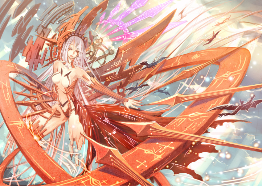 breasts detached_sleeves dragon gears gin_(oyoyo) glowing glowing_eyes large_breasts long_hair mecha_musume nail_polish pixiv_fantasia pixiv_fantasia_4 red_eyes red_queen silver_hair sky sparks sun tattoo very_long_hair wings