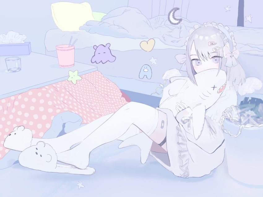 1girl bandaid bandaid_on_leg bed bed_sheet blush bow check_copyright copyright_request cup dress drinking_glass frilled_hairband frills full_body grey_eyes grey_hair hair_bow hair_ornament hairband hairclip highres huminsho indoors kotatsu medium_hair muted_color on_floor original pillow ramen sitting sleeves_past_wrists slippers solo star_(symbol) stuffed_animal stuffed_shark stuffed_toy sweater sweater_dress table thigh-highs thigh_strap tissue_box trash_can twintails