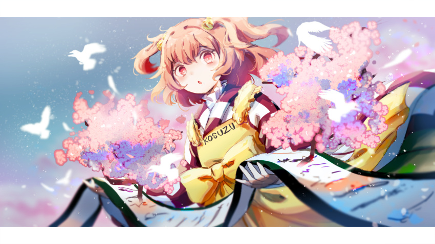 1girl :o animal apron bell bird blue_sky branch cake_mogo character_name checkered_clothes checkered_kimono cherry_blossoms clothes_writing english_commentary flower flying hair_bell hair_ornament holding holding_scroll japanese_clothes kimono looking_at_viewer motoori_kosuzu open_mouth outdoors petals red_eyes redhead romaji_text scenery scroll short_hair sky solo spring_(season) touhou tree twintails two_side_up white_bird white_feathers yellow_apron