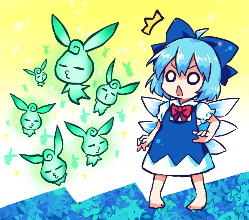 1girl ^^^ ahoge barefoot blue_bow blue_dress blue_hair bow cirno collared_shirt dress fairy hair_between_eyes hair_bow highres ice ice_wings o_o open_mouth pote_(ptkan) puffy_short_sleeves puffy_sleeves shirt short_hair short_sleeves solo stray_fairy the_legend_of_zelda the_legend_of_zelda:_majora's_mask touhou white_shirt wings