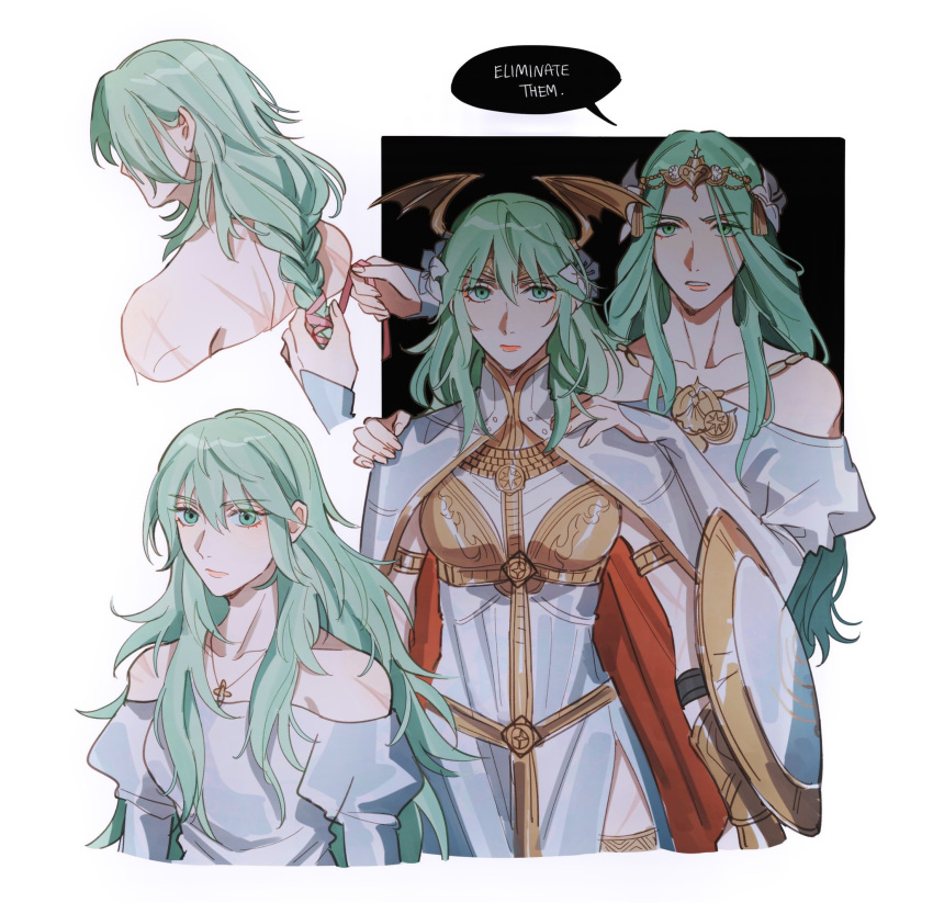 1girl alternate_costume alternate_hair_color alternate_hair_length alternate_hairstyle bangs braid braided_ponytail breasts byleth_(fire_emblem) byleth_eisner_(female) cape closed_mouth cosplay costume_switch english_text enlightened_byleth_(female) fire_emblem fire_emblem:_three_houses green_eyes green_hair highres long_hair oratoza rhea_(fire_emblem) scar seiros_(fire_emblem) solo speech_bubble