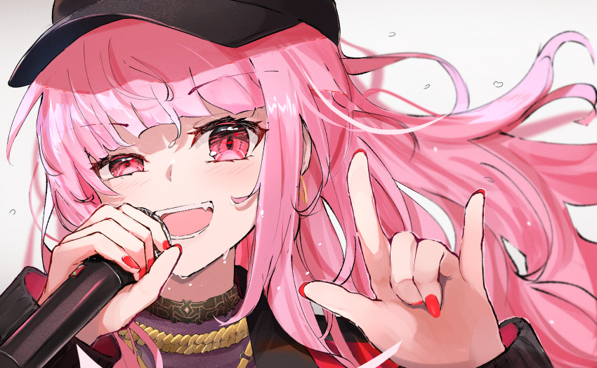 1girl \m/ absurdres bangs baseball_cap black_headwear english_commentary eyebrows_visible_through_hair fangs floating_hair hat highres holding holding_microphone hololive hololive_english long_hair microphone mori_calliope pink_eyes pink_hair portrait red_nails shuuzo3 smile solo sweat virtual_youtuber white_background
