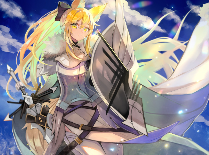 1girl animal_ear_fluff animal_ears arknights arm_guards armor bangs belt black_bow black_gloves blemishine_(arknights) blonde_hair bow cape closed_mouth commentary cowboy_shot eyebrows_visible_through_hair faulds full_armor fur-trimmed_cape fur_trim gloves grey_legwear hair_bow haru_torimaru high_ponytail highres holding holding_sword holding_weapon horse_ears horse_girl horse_tail long_hair looking_at_viewer shield sidelocks solo sword tail thigh-highs weapon white_cape yellow_eyes