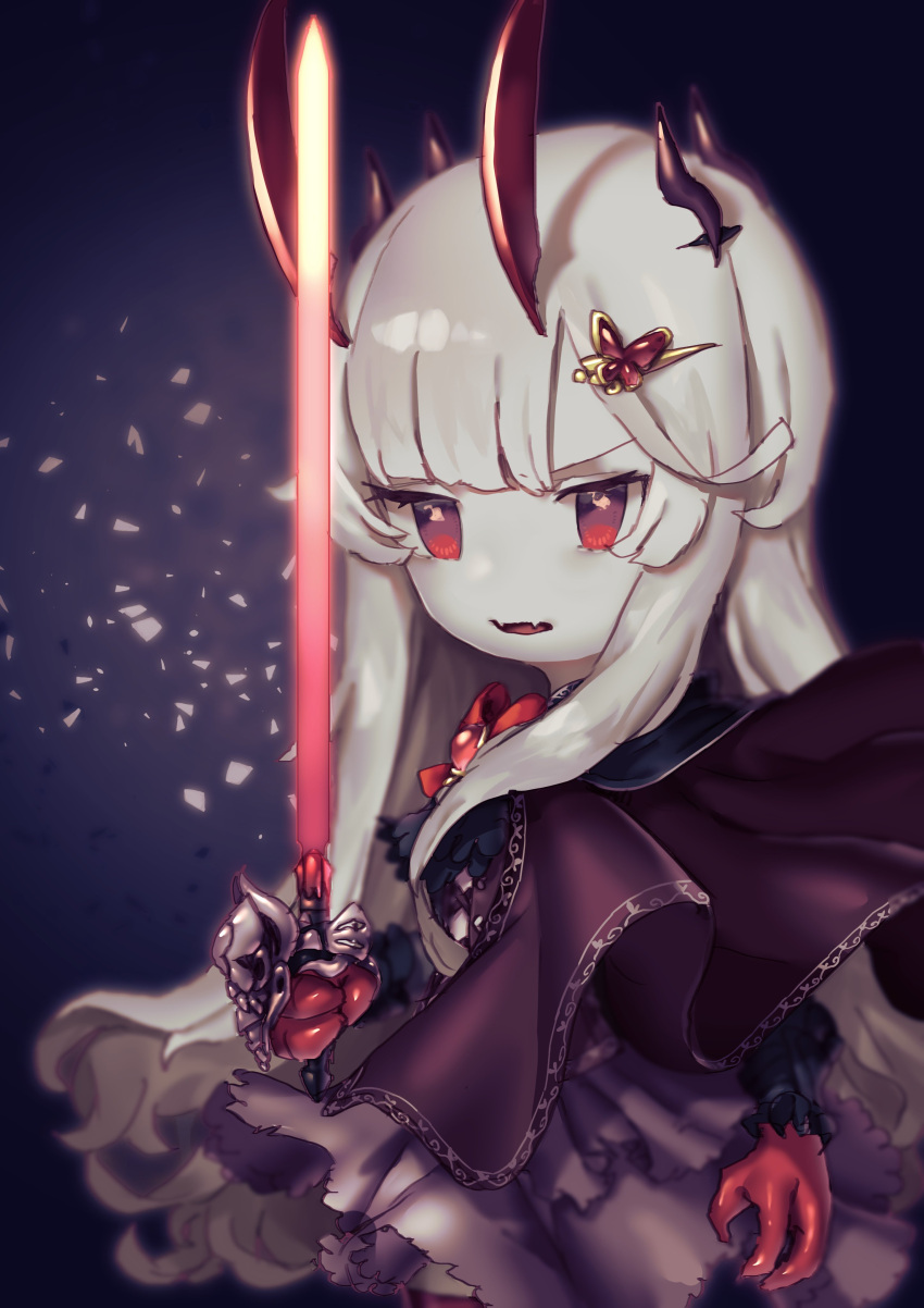 1girl absurdres colored_skin evil_(okame_nin) fewer_digits hair_ornament hairclip highres holding holding_sword holding_weapon horns long_hair looking_at_viewer okame_nin open_mouth original red_eyes solo sword weapon white_hair white_skin