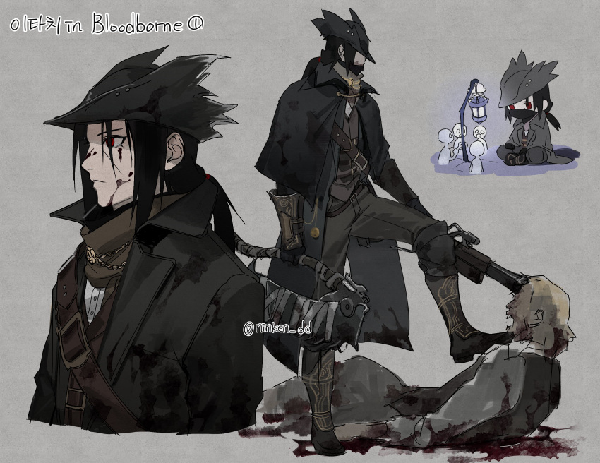 1boy artist_name belt belt_buckle black_hair black_headwear blood blood_on_face blood_splatter bloodborne brown_vest buckle cloak copyright_name cosplay dual_wielding gloves gun hat hat_feather highres holding holding_gun holding_sword holding_weapon hunter_(bloodborne) hunter_(bloodborne)_(cosplay) lamp long_hair male_focus mask mouth_mask naruto_(series) ningyeon ponytail red_eyes saw_cleaver sharingan sword tied_hair twitter_username uchiha_itachi vest weapon