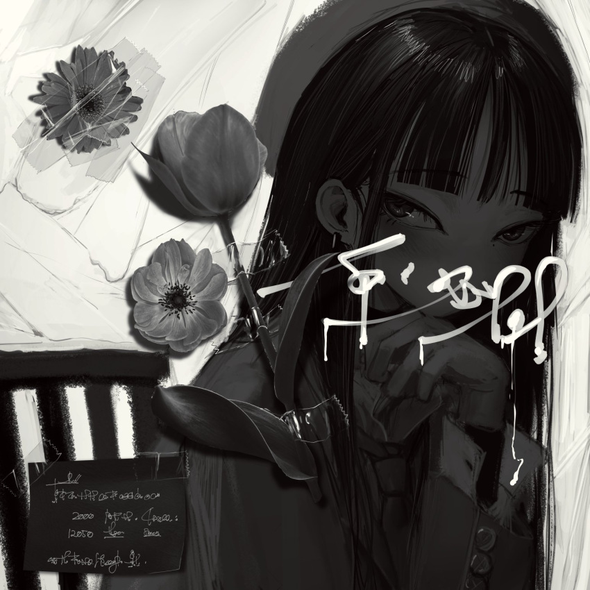 1girl bangs blunt_bangs blush chair closed_mouth coat ear_piercing eyelashes flower highres jewelry long_hair long_sleeves mole mole_under_eye narue necktie original piercing simple_background solo tape text_focus upper_body