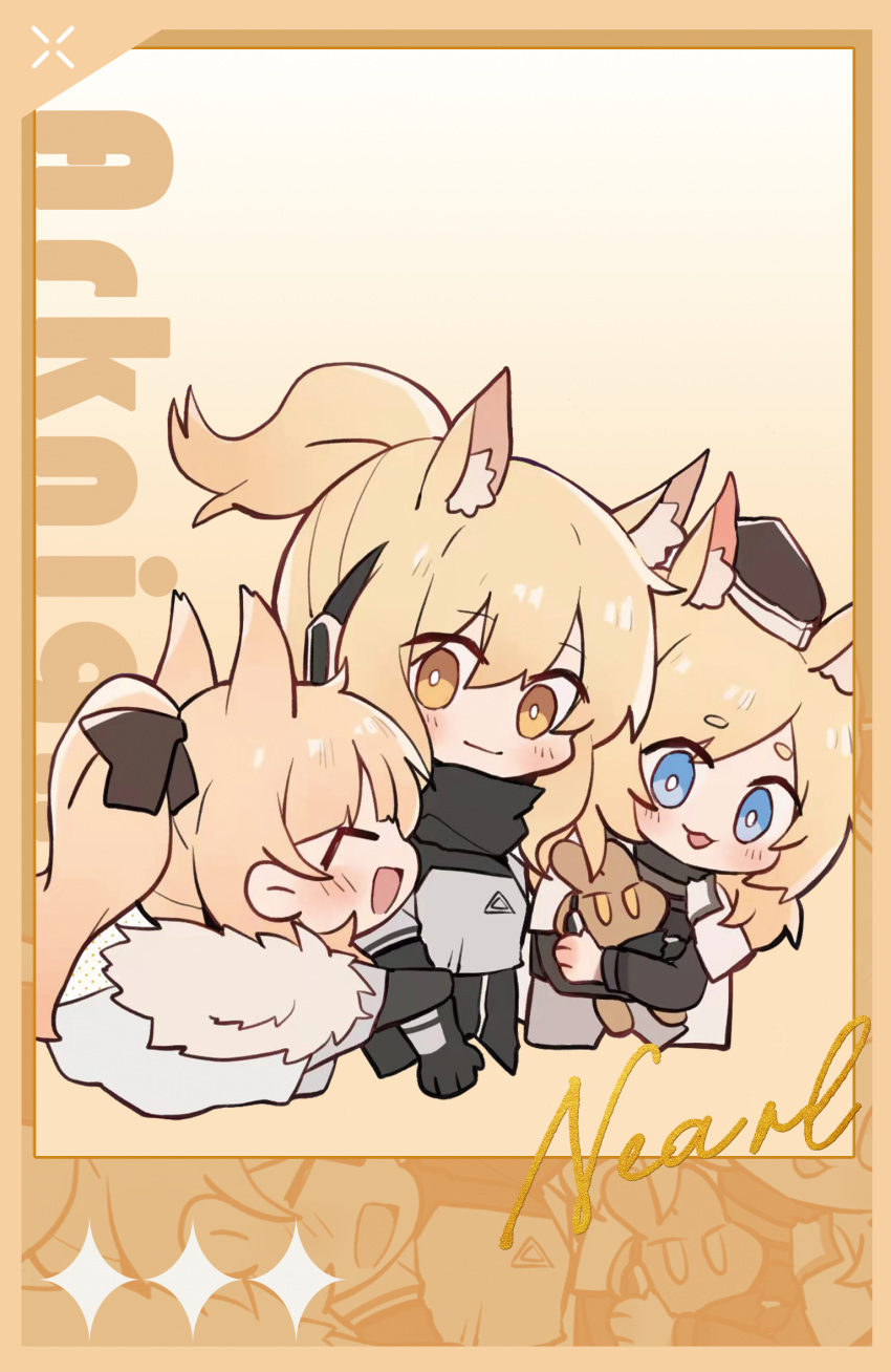 3girls :d ^_^ animal_ear_fluff animal_ears arknights armor aube4384 aunt_and_niece bangs black_gloves black_headwear black_jacket blemishine_(arknights) blonde_hair blue_eyes blush breastplate brown_background brown_eyes character_name closed_eyes closed_mouth copyright_name cropped_torso eyebrows_visible_through_hair garrison_cap gloves hair_between_eyes hat highres horse_ears jacket long_hair multiple_girls nearl_(arknights) object_hug ponytail short_eyebrows smile stuffed_animal stuffed_bunny stuffed_toy thick_eyebrows upper_body whislash_(arknights) white_jacket