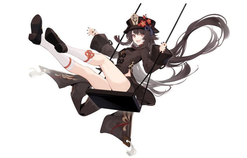 1girl absurdres black_headwear black_nails black_shorts breasts brown_hair chinese_clothes flower full_body genshin_impact hat hat_flower highres hu_tao_(genshin_impact) jewelry legs long_sleeves looking_at_viewer nail_polish red_eyes ring shoe_soles shoes shorts simple_background smile socks solo star-shaped_pupils star_(symbol) swing symbol-shaped_pupils tailcoat thighs top_hat uosaasou white_background white_legwear