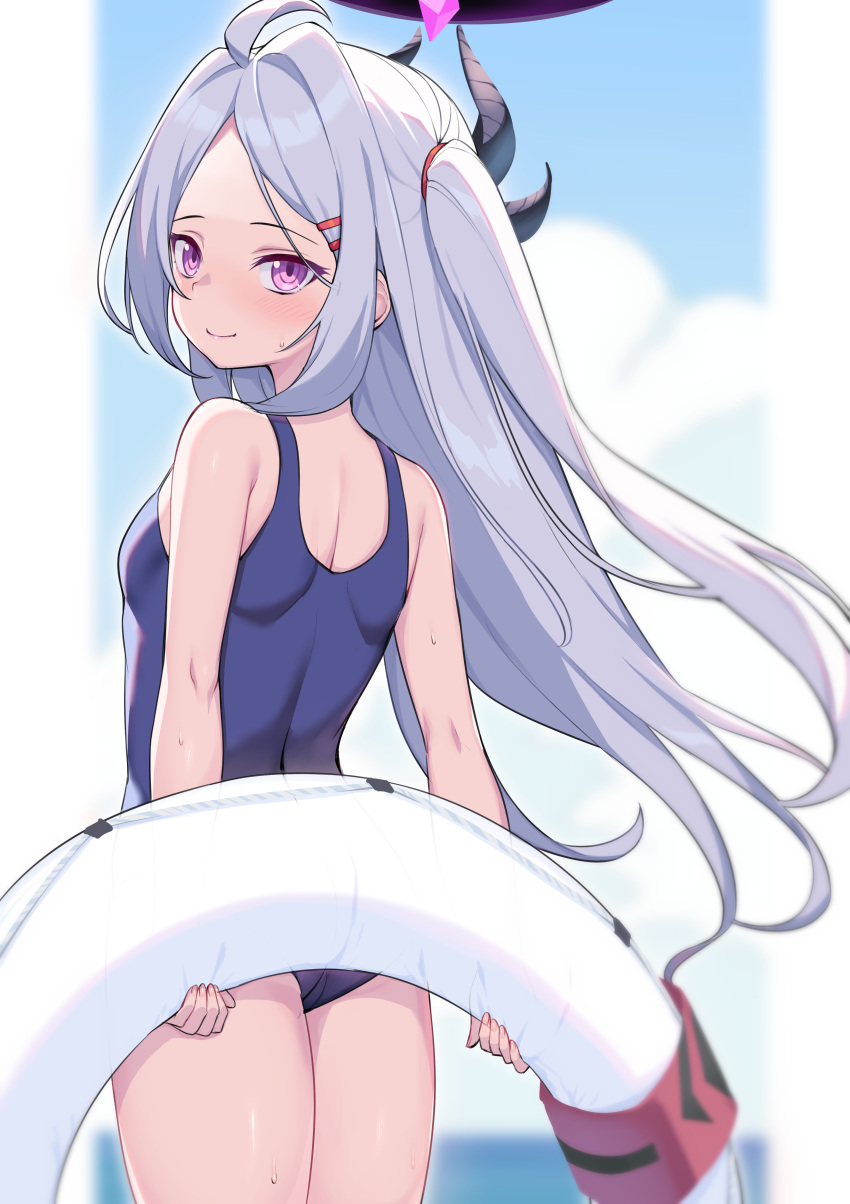1girl absurdres bangs blue_archive blue_sky blue_swimsuit blurry clouds cloudy_sky commentary_request demon_girl demon_horns depth_of_field eyebrows_visible_through_hair eyes_visible_through_hair from_behind head_tilt highres hina_(blue_archive) holding holding_innertube horizontal_pupils horns innertube long_hair looking_at_another looking_at_viewer ocean one_side_up parted_bangs school_swimsuit shaft_look sidelocks sky smile solo swimsuit umiharu violet_eyes wet wet_clothes wet_swimsuit white_hair wind