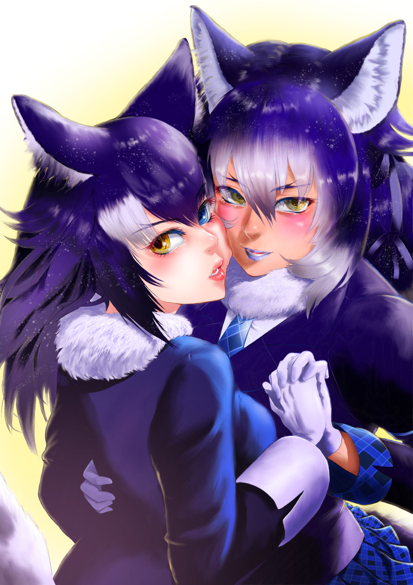 2girls absurdres aburaeoyaji animal_ear_fluff animal_ears bangs black_hair blue_eyes blue_lips blush cheek-to-cheek dire_wolf_(kemono_friends) eyebrows_visible_through_hair forked_eyebrows fur_collar gloves grey_hair grey_wolf_(kemono_friends) hair_between_eyes hand_on_another's_waist heads_together heterochromia highres holding_hands interlocked_fingers jacket kemono_friends light_brown_hair lips lipstick long_sleeves looking_at_viewer makeup multicolored_hair multiple_girls necktie parted_lips plaid plaid_necktie plaid_skirt purple_hair red_lips shiny shiny_hair skirt tail tan upper_body white_gloves wolf_ears wolf_girl wolf_tail yellow_eyes