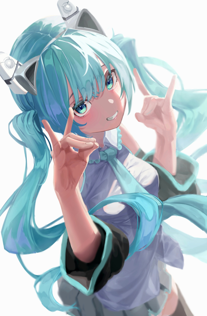 1girl :d absurdres aqua_eyes aqua_hair aqua_necktie bangs black_legwear black_skirt blush breasts collared_shirt double_fox_shadow_puppet eyebrows_behind_hair fox_shadow_puppet from_above grey_shirt grin hands_up hatsune_miku headgear highres long_hair looking_at_viewer looking_up miniskirt necktie parted_lips pleated_skirt rerendi shirt skirt small_breasts smile solo thigh-highs twintails very_long_hair vocaloid