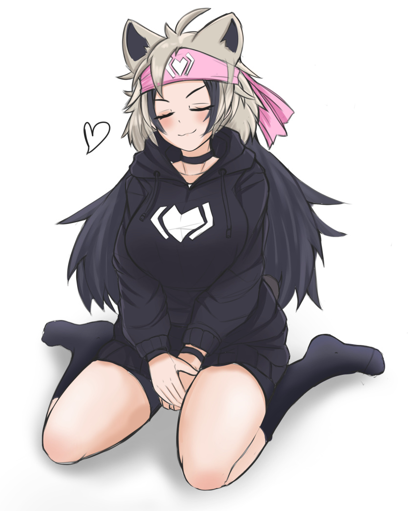1girl absurdres ahoge alternate_costume animal_ears bare_legs bear_ears bike_shorts bike_shorts_under_skirt black_hair breasts choker closed_eyes closed_mouth collarbone drawstring english_commentary ezo_brown_bear_(kemono_friends) full_body grey_hair headband heart highres hood hood_down hoodie kemono_friends large_breasts light_blush long_hair long_sleeves microskirt multicolored_hair nanoder no_shoes own_hands_together skirt smile socks solo taut_clothes two-tone_hair v_arms very_long_hair