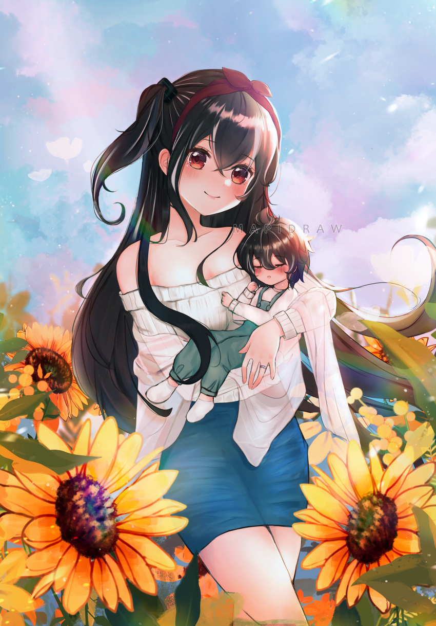 2girls absurdres artist_name azur_lane baby bare_shoulders black_hair blue_skirt blush bow breasts brown_hair clouds collarbone flower hair_between_eyes hair_bow highres jewelry long_sleeves looking_at_viewer mapidraw medium_breasts multiple_girls off_shoulder overalls pencil_skirt red_eyes ring see-through shirt short_hair side_ponytail sidelocks size_difference skirt sky socks strapless strapless_shirt sunflower u-47_(azur_lane)