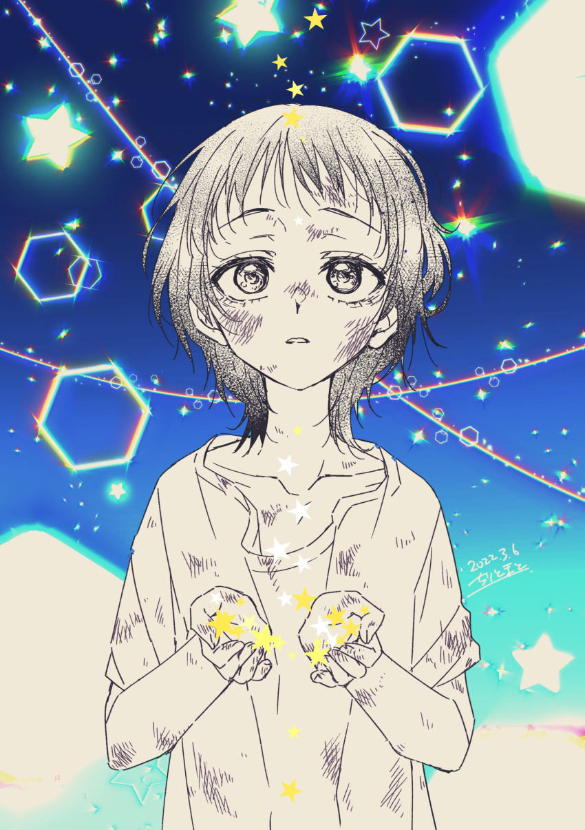 1girl abstract_background bruise bruise_on_face chiri_to_mato collarbone dirty dirty_clothes dirty_face gradient gradient_background highres injury kuze_shizuka open_hands oversized_clothes parted_lips partially_colored shirt short_hair solo star_(symbol) t-shirt takopii_no_genzai upper_body