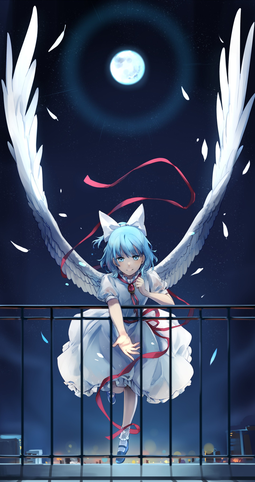 1girl absurdres angel_wings blue_eyes blue_footwear blue_hair bow brooch cityscape commentary_request dress feathered_wings feathers frilled_dress frills full_moon hair_bow highres jewelry large_wings leaning_forward leg_up looking_at_viewer mai_(touhou) mary_janes moon night night_sky outstretched_arm parted_lips ponytail puffy_short_sleeves puffy_sleeves railing reaching_out red_ribbon ribbon sash shoes short_hair short_sleeves sky smile solo touhou touhou_(pc-98) white_bow white_dress white_legwear wings yorktown_cv-5