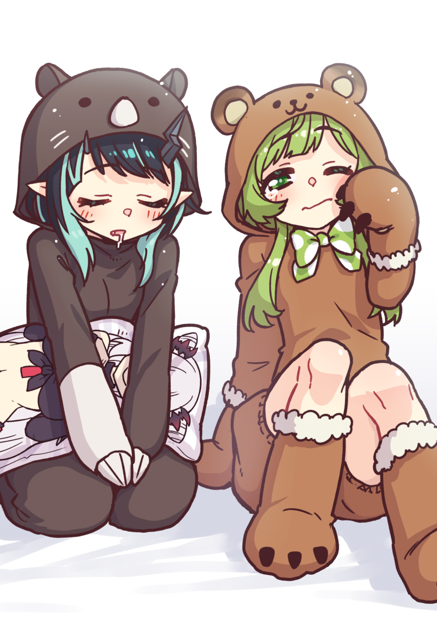 2girls alternate_costume animal_costume animare bangs bear_costume black_hair blue_hair closed_eyes closed_mouth commentary_request dakimakura_(object) demon_girl demon_horns eyebrows_visible_through_hair fang full_body green_eyes green_hair heebee highres hinokuma_ran holding holding_pillow honey_strap horns long_hair looking_at_viewer medium_hair multicolored_hair multiple_girls one_eye_closed onesie open_mouth paw_shoes pillow pointy_ears saliva shishio_chris sidelocks sleepy sugar_lyric suou_patra two-tone_hair virtual_youtuber wombat_costume