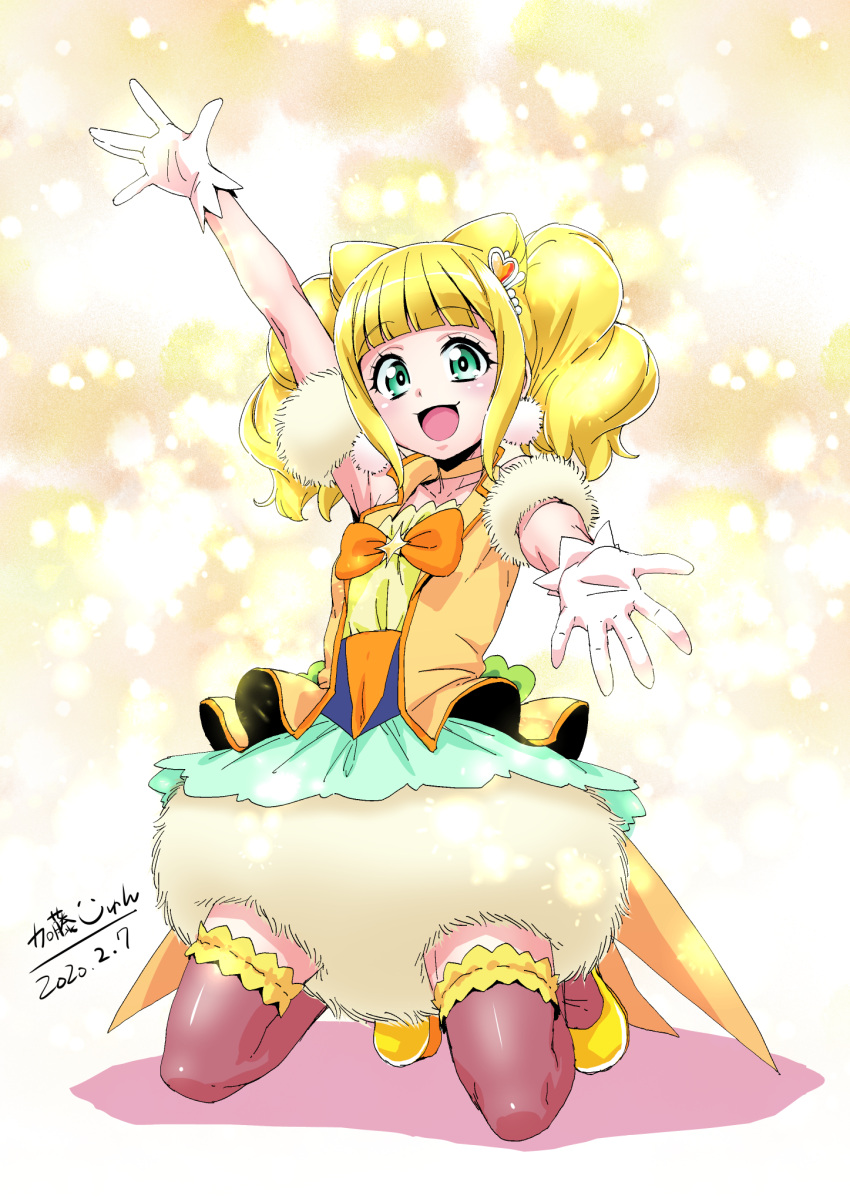 1girl bangs blonde_hair blunt_bangs bow choker collarbone commentary_request cure_sparkle dated earrings eyebrows_visible_through_hair gloves green_eyes hair_ornament healin'_good_precure heart heart_hair_ornament highres hiramitsu_hinata jewelry katou_jun kneeling long_hair looking_at_viewer magical_girl open_mouth outstretched_arms precure shadow sidelocks sleeveless smile solo tareme translation_request twintails white_background white_gloves yellow_background