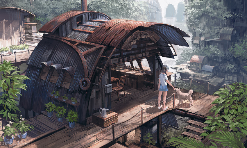 1girl animal black_hair building commentary_request dog full_body long_hair looking_at_another noba original plant river scenery shirt shoes short_sleeves shorts smile standing tan water watermark