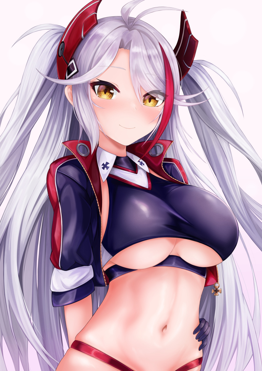 1girl absurdres antenna_hair arm_behind_back azur_lane black_gloves black_jacket black_shirt breasts collared_shirt crop_top cropped_jacket gloves hair_ornament hand_on_hip highres jacket large_breasts long_hair looking_at_viewer midriff navel open_clothes open_jacket prinz_eugen_(azur_lane) prinz_eugen_(final_lap)_(azur_lane) racequeen revealing_clothes ryara shirt sleeveless sleeveless_shirt smile solo stomach two_side_up under_boob upper_body very_long_hair white_hair yellow_eyes