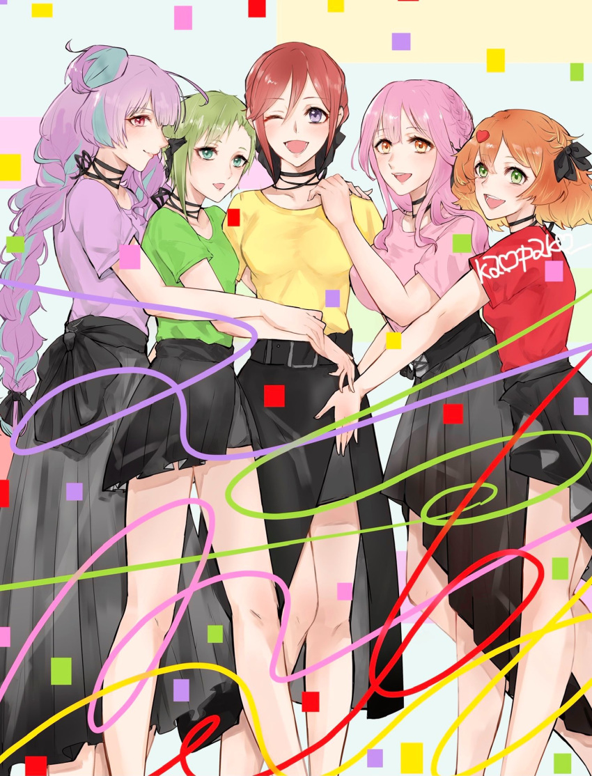 5girls bangs belt black_belt black_bow black_choker black_skirt blue_eyes bow braid choker freyja_wion green_eyes hair_bow hair_bun hair_ornament heart heart_hair_ornament highres kabu_(kaopako_) kaname_buccaneer long_hair macross macross_delta makina_nakajima mikumo_guynemer multiple_girls one_eye_closed orange_eyes orange_hair pink_hair purple_hair reina_prowler short_hair skirt smile very_long_hair walkure_(macross_delta)