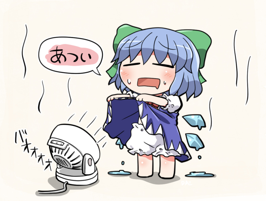 1girl barefoot bloomers blue_hair blush bow chibi cirno closed_eyes dress drooling electric_fan eyebrows_visible_through_hair full_body hair_bow hot ice mouth_drool rokugou_daisuke short_hair simple_background solo standing touhou translation_request underwear wings