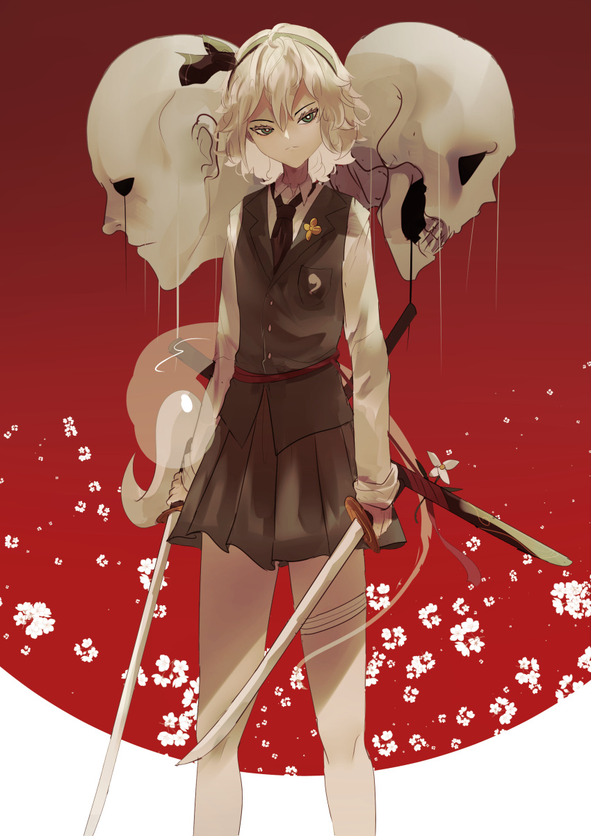 1girl absurdres buttons closed_mouth collared_shirt dual_wielding feet_out_of_frame flower gradient gradient_background hair_between_eyes head_tilt highres hitodama hitodama_print holding holding_sword holding_weapon katana konpaku_youmu limited_palette long_sleeves looking_at_viewer naufaldreamer necktie pleated_skirt print_vest red_background scabbard sheath shirt skirt skull solo sword touhou vest weapon white_flower white_shirt