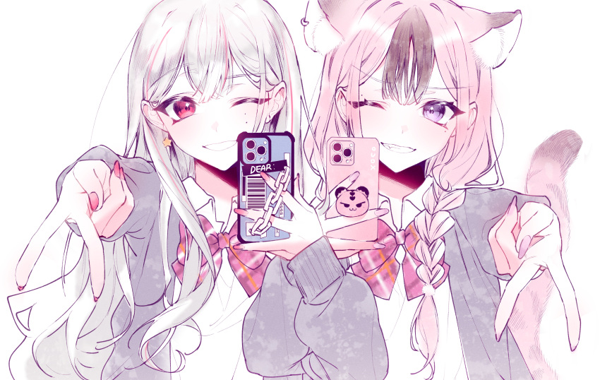 2girls animal_ear_fluff animal_ears black_cardigan bow braid brown_hair cardigan cellphone collared_shirt dear:_(utaite) eyebrows_visible_through_hair grey_hair highres holding holding_phone indie_virtual_youtuber multicolored_hair multiple_girls one_eye_closed original phone pink_eyes pink_hair pink_nails red_bow school_uniform shirt smartphone smile streaked_hair symbol-only_commentary twin_braids utaite_(singer) v v-shaped_eyebrows violet_eyes virtual_youtuber white_background white_shirt xoco xoco_(vtuber)