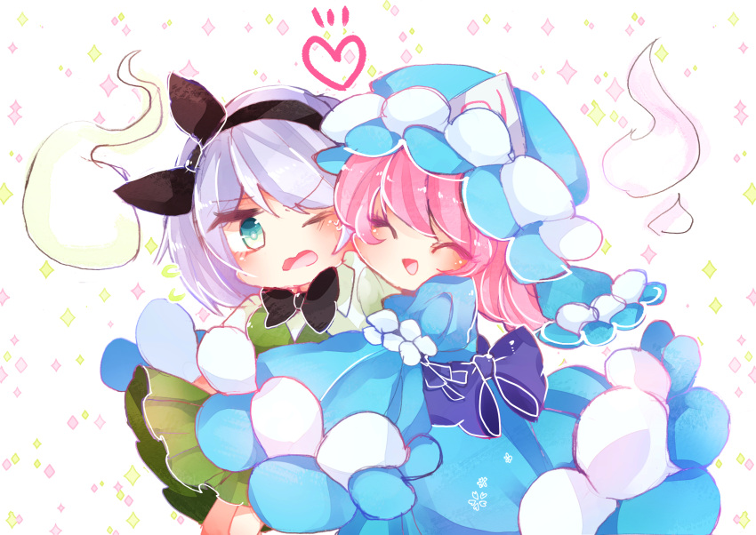 2girls :d arm_garter bangs black_bow black_bowtie black_hairband blue_bow blue_dress blue_headwear blush bow bowtie closed_eyes commentary dress eyebrows_visible_through_hair ghost green_eyes green_skirt green_vest hair_bow hairband hat heart highres hug konpaku_youmu konpaku_youmu_(ghost) long_sleeves looking_at_another medium_hair mob_cap multiple_girls one_eye_closed open_mouth pink_hair ratto_(mobilis_1870) saigyouji_yuyuko short_hair silver_hair skirt skirt_set sleeves_past_fingers sleeves_past_wrists smile sparkle sweatdrop swept_bangs touhou triangular_headpiece vest waist_bow wide_sleeves