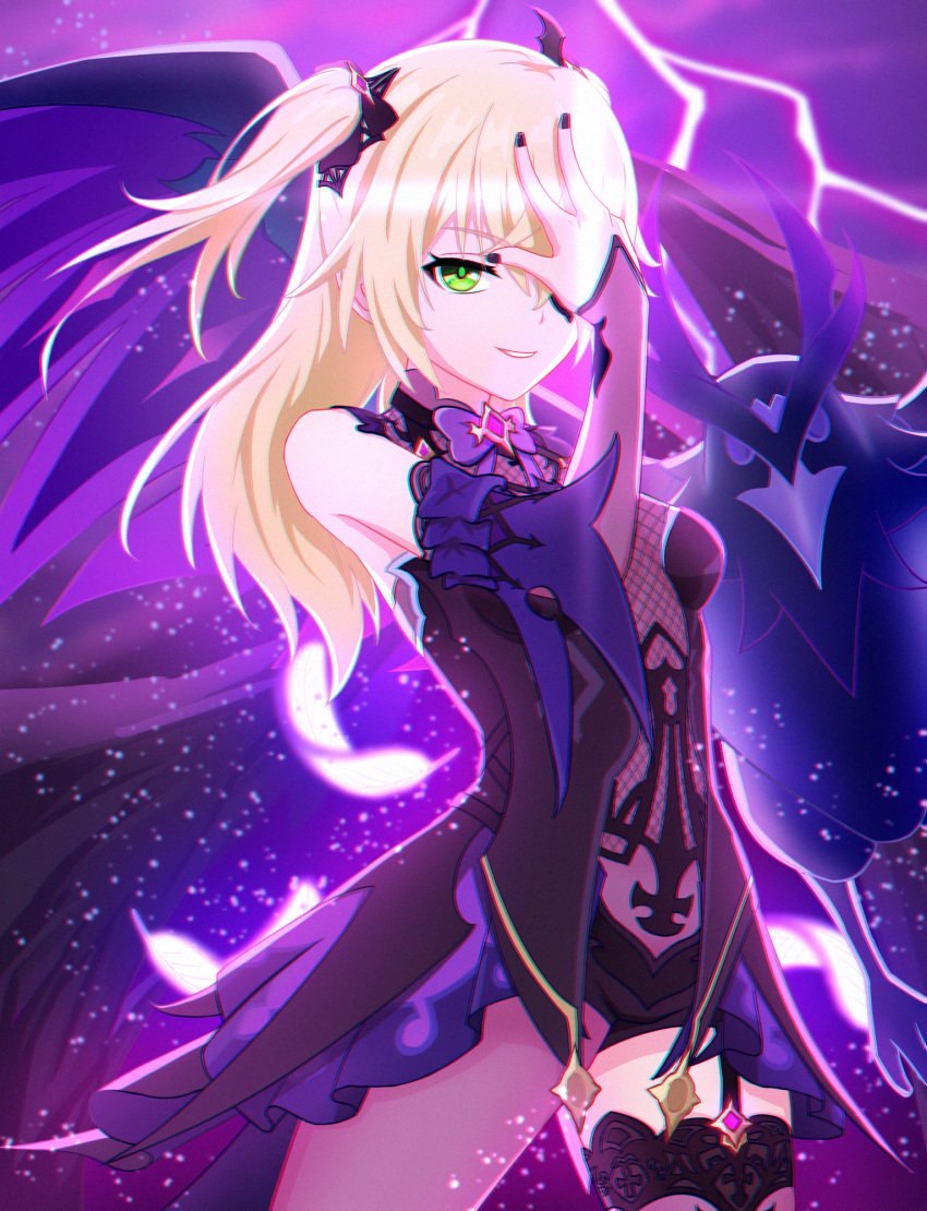 1girl bird black_nails blonde_hair breasts ceciliashaniat cowboy_shot electricity eyepatch fischl_(genshin_impact) genshin_impact green_eyes hand_up highres long_hair looking_at_viewer oz_(genshin_impact) parted_lips pose small_breasts smile solo two_side_up